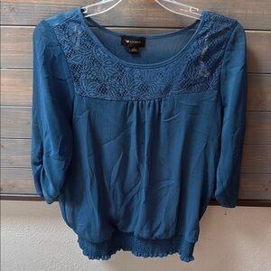 AB Studio Blue Lace Detail Sheer Top